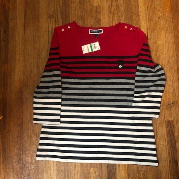 Karen Scott Printed 3/4-Sleeve Sweatshirt Striped - Picture 1 of 4